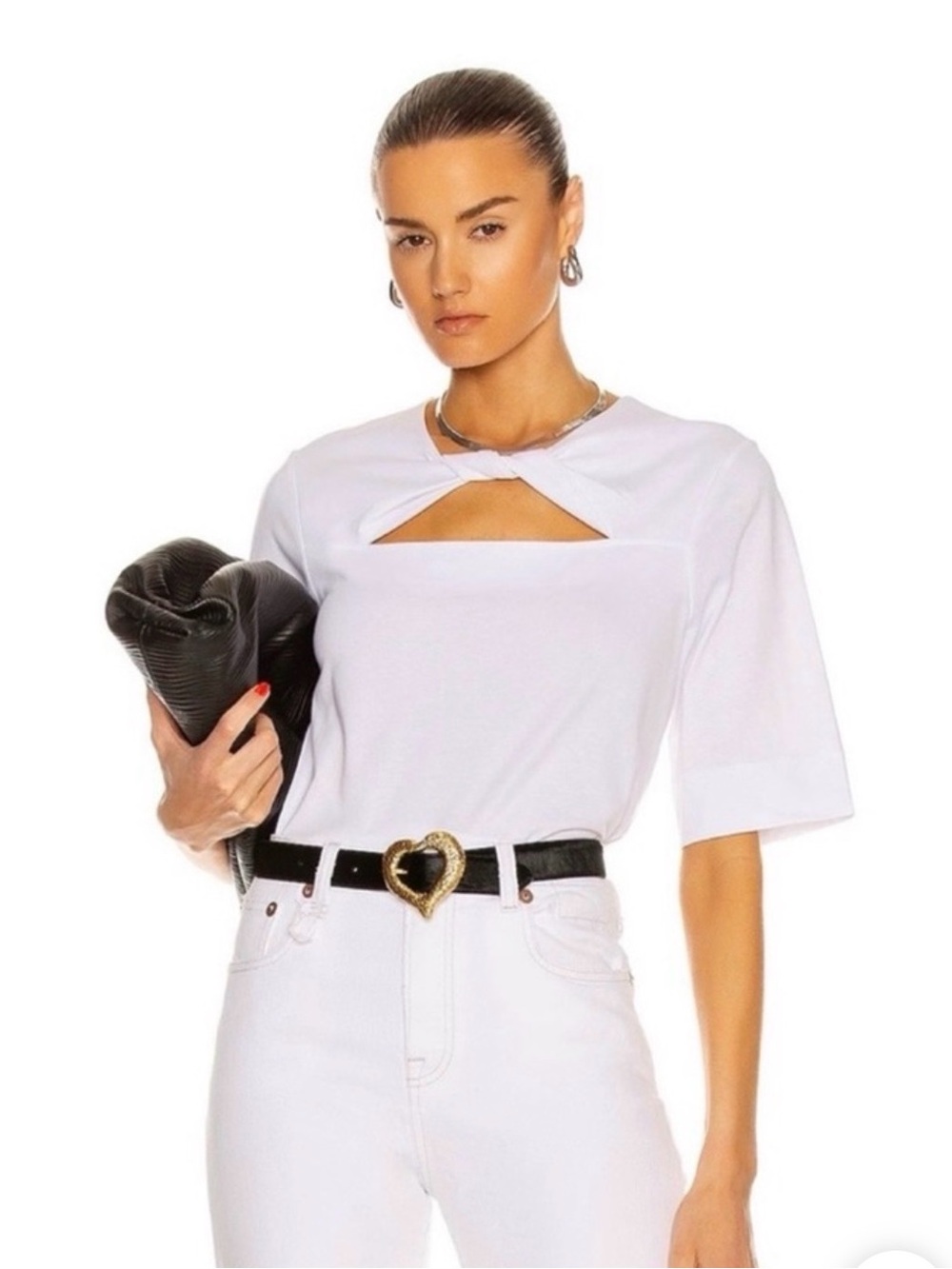 Ganni White Short-Sleeve Top with Front Tie Cutout